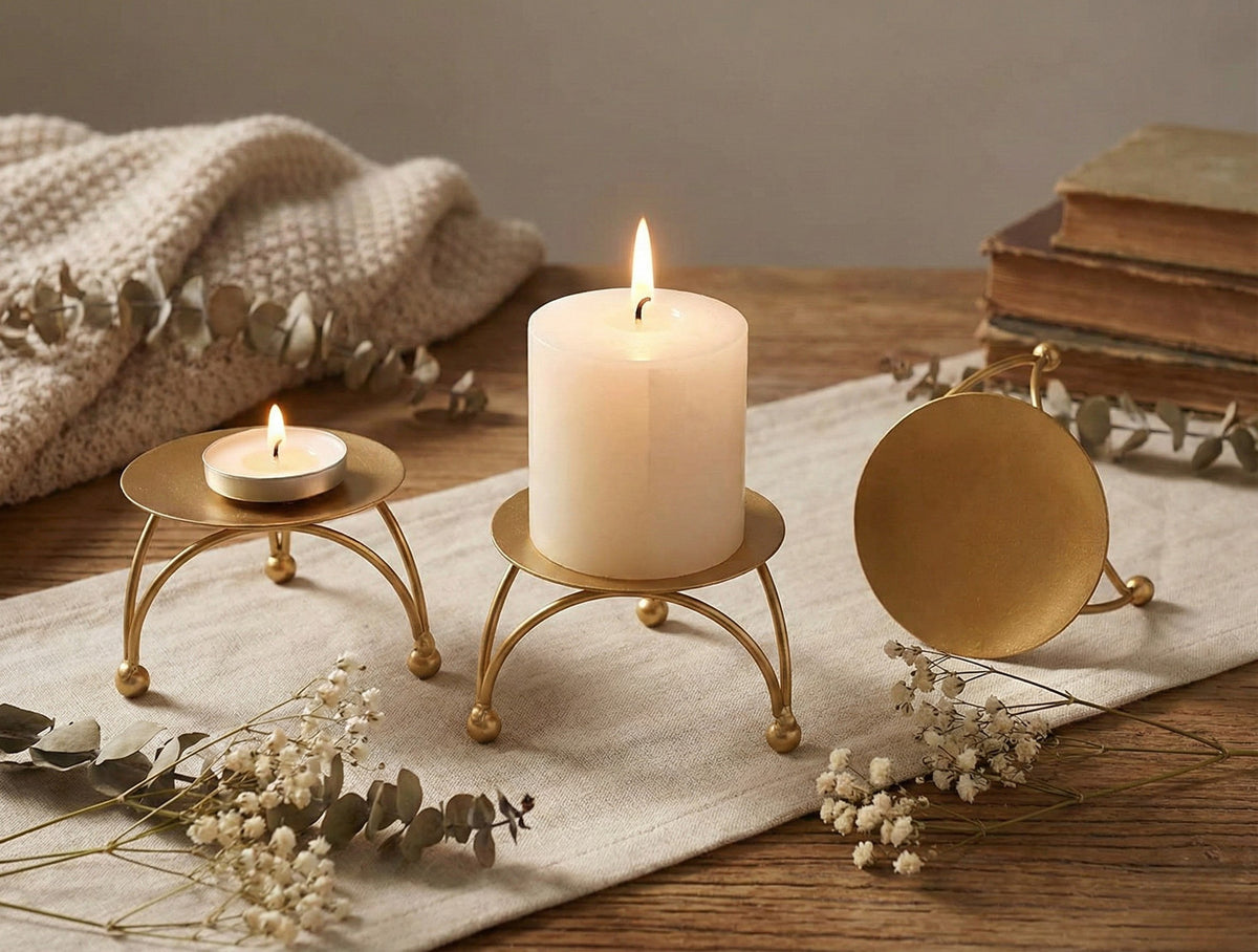Gold metal candle holder with curved legs for tabletop decor-artycraftz.com