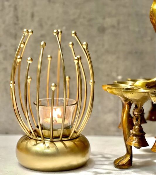 Golden Floral Pollen Shaped Candle Holder with Glass Votive-ArtyCraftz.com