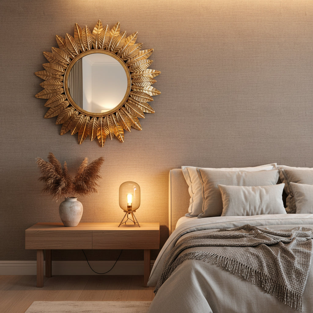 Golden Leaf Sunburst Wall Mirror-ArtyCraftz.com