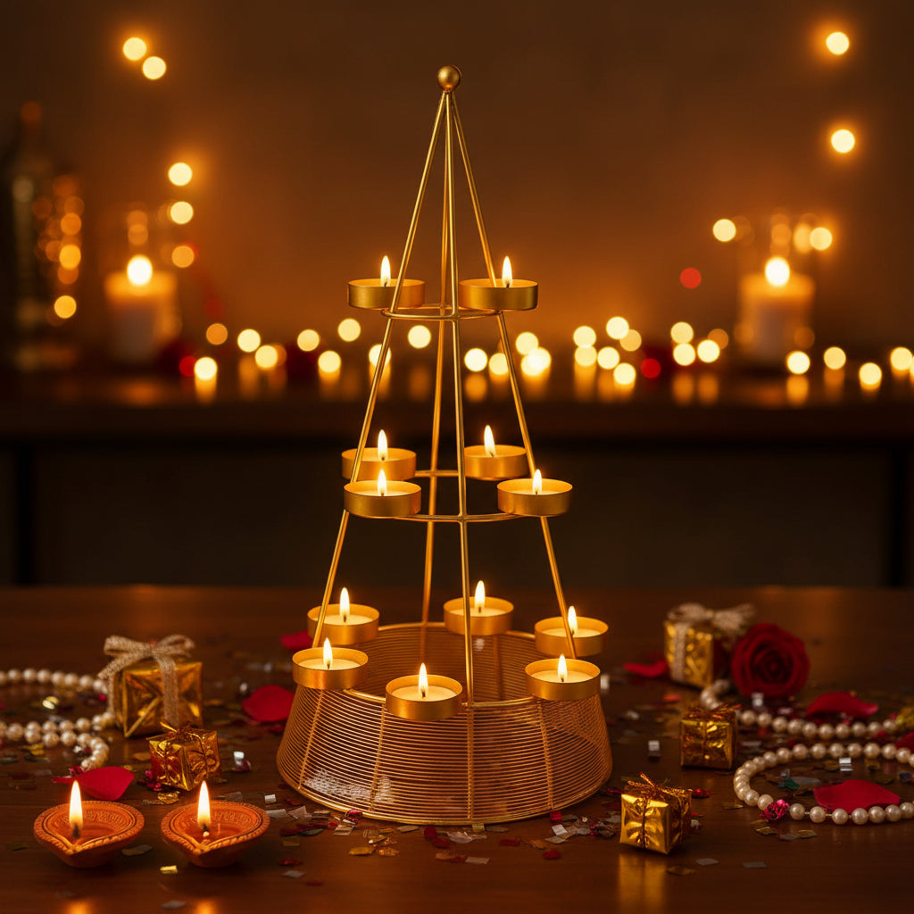 Golden iron pyramid 12 votive tealight candle holder for home decor-artycraftz.com