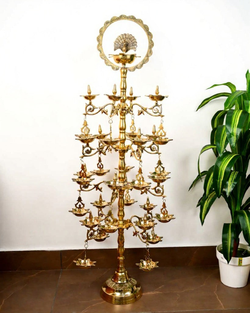 Grand Brass Peacock Design 4 Layer Standing Pooja Lamp-ArtyCraftz.com