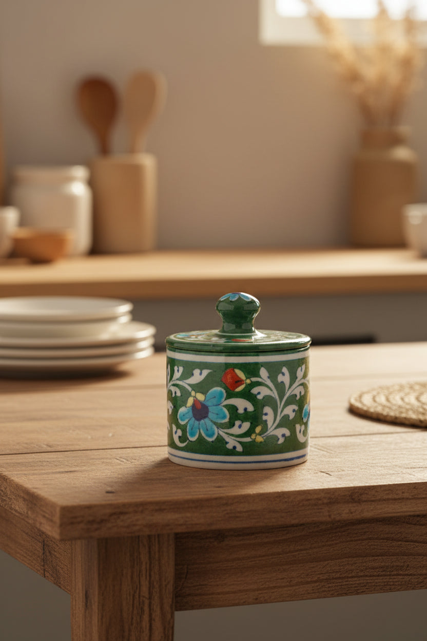 Green Blue Pottery Lidded Jar-ArtyCraftz.com