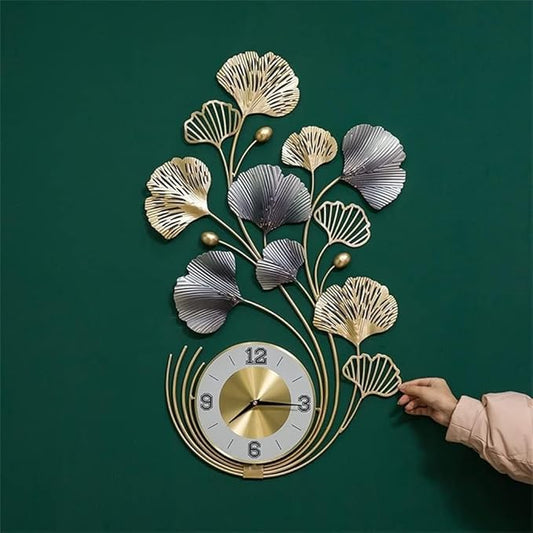 Green Metal Wall Clock with Golden Ginko Leaf Design