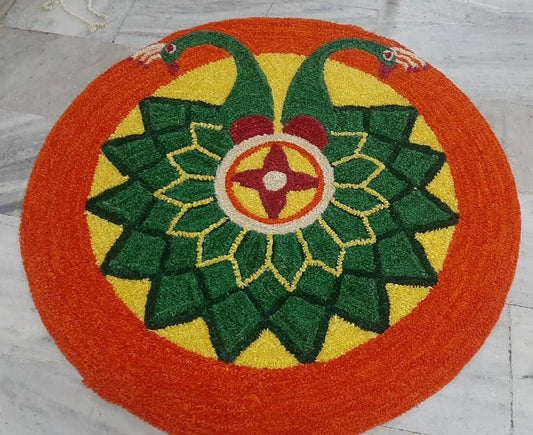 Green Peacock Canvas Rangoli Mat - ArtyCraftz.com