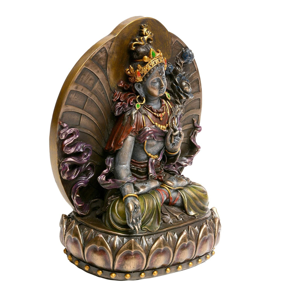 Green Tara Resin Statue with Ornate Crown, Lotus Pedestal and Antique Multicolor Finish-artycraftz.com