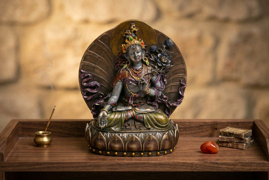 Green Tara Resin Statue with Ornate Crown, Lotus Pedestal and Antique Multicolor Finish-artycraftz.com