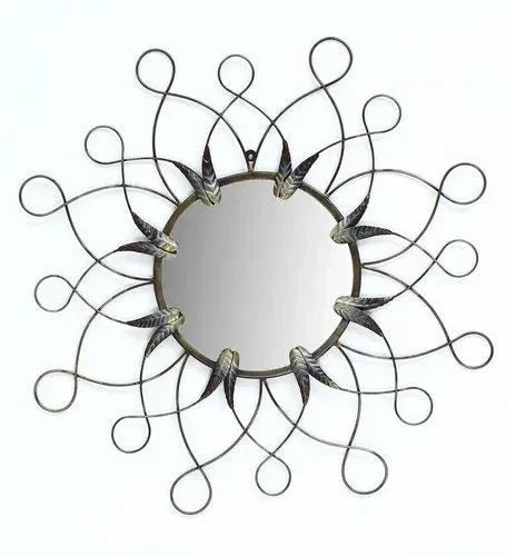 Grey Iron Abstract Leaf Round Wall Mirror
