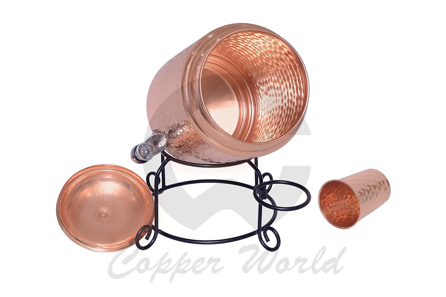 Hammered Copper Water Dispenser (Matka) with Stand & 1 Copper Glass