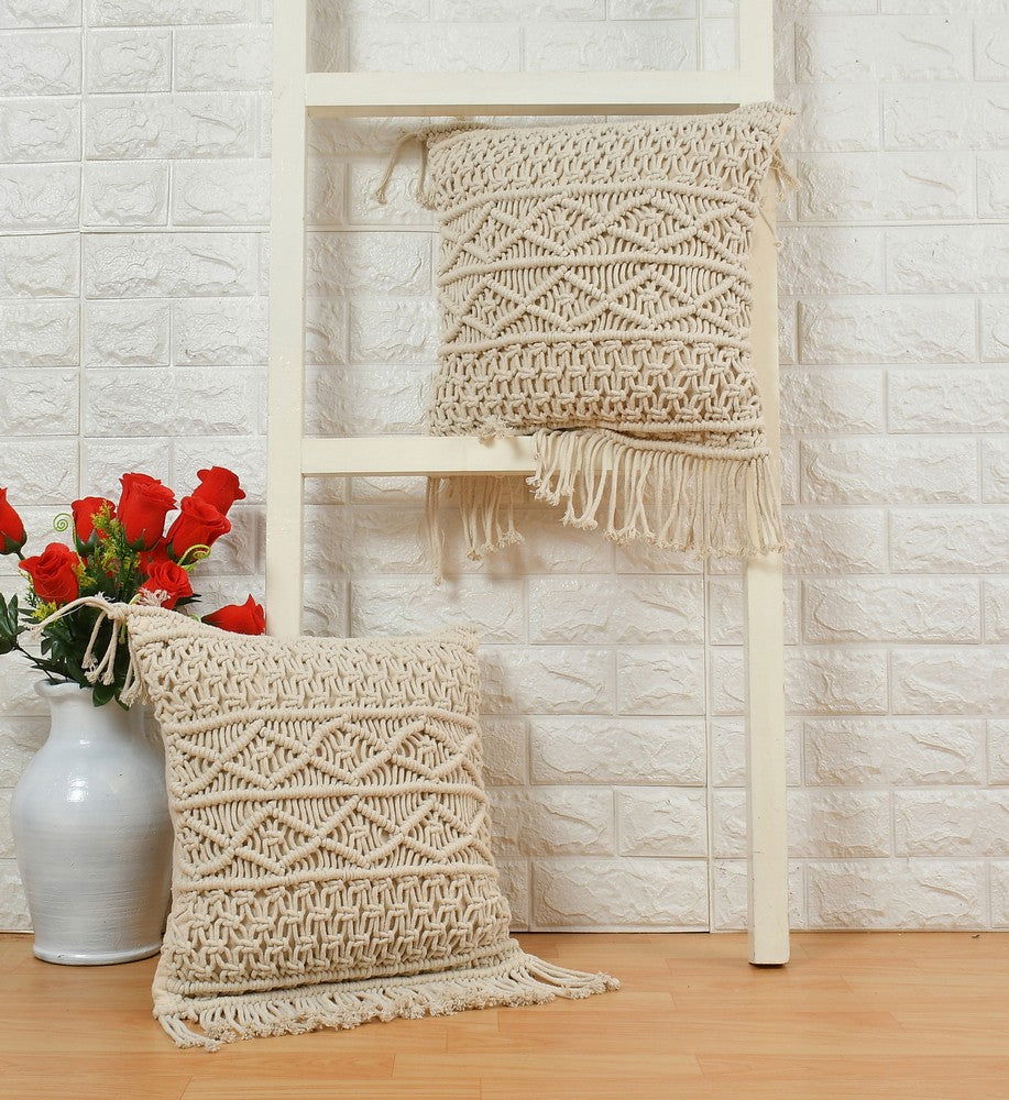 Hand-Woven Cotton Macrame Pillow Cushion Cover with Side Tassels (Off-White, 16x16 Inches, Square) - ArtyCraftz.com