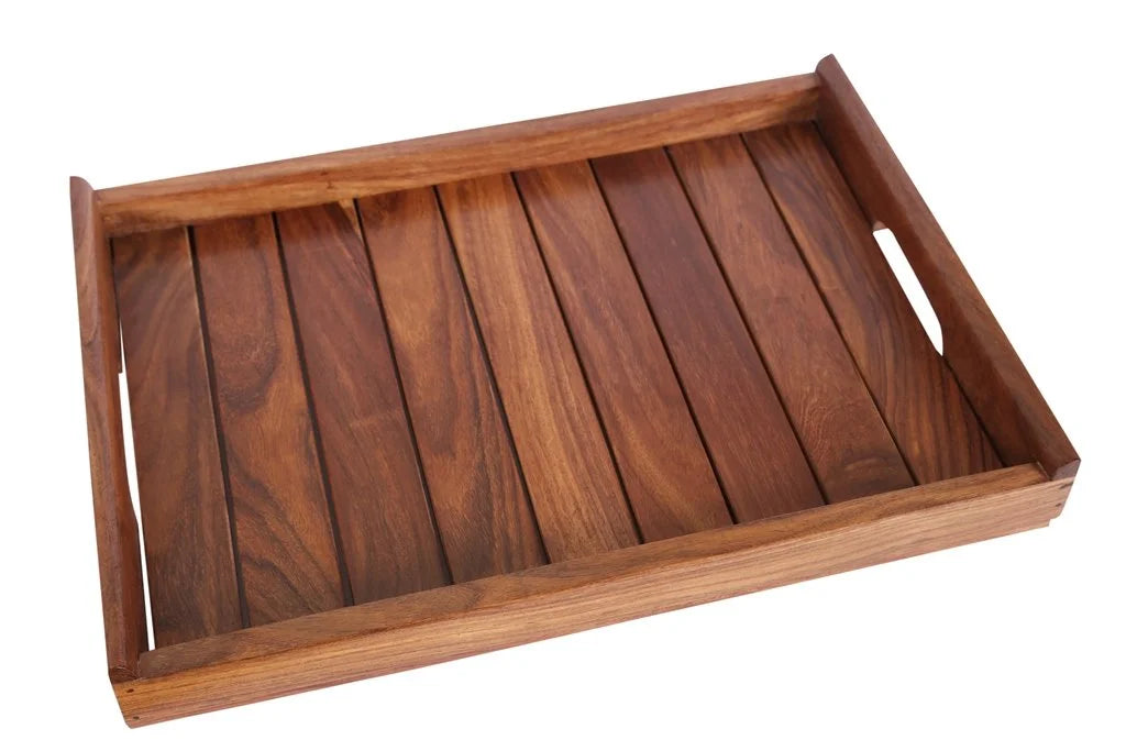 Hand Crafted Brown Wooden Serving Tray In Sheesham Wood (14 x 10 Inch) Dinnerware - ArtyCraftz.com