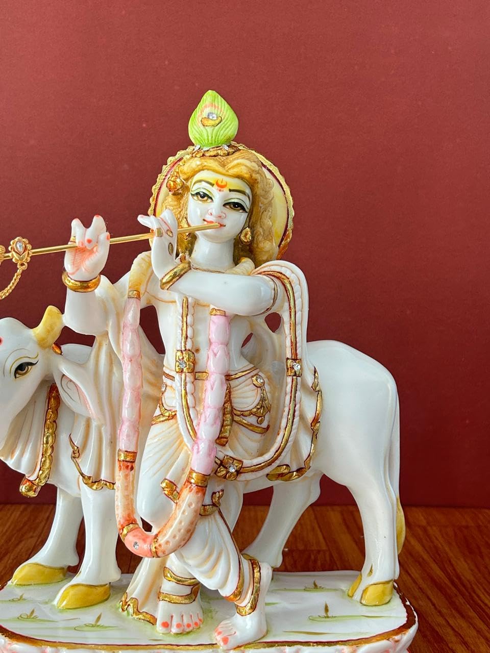 Hand Painted Marble Krishna with Cow Statue-ArtyCraftz.com