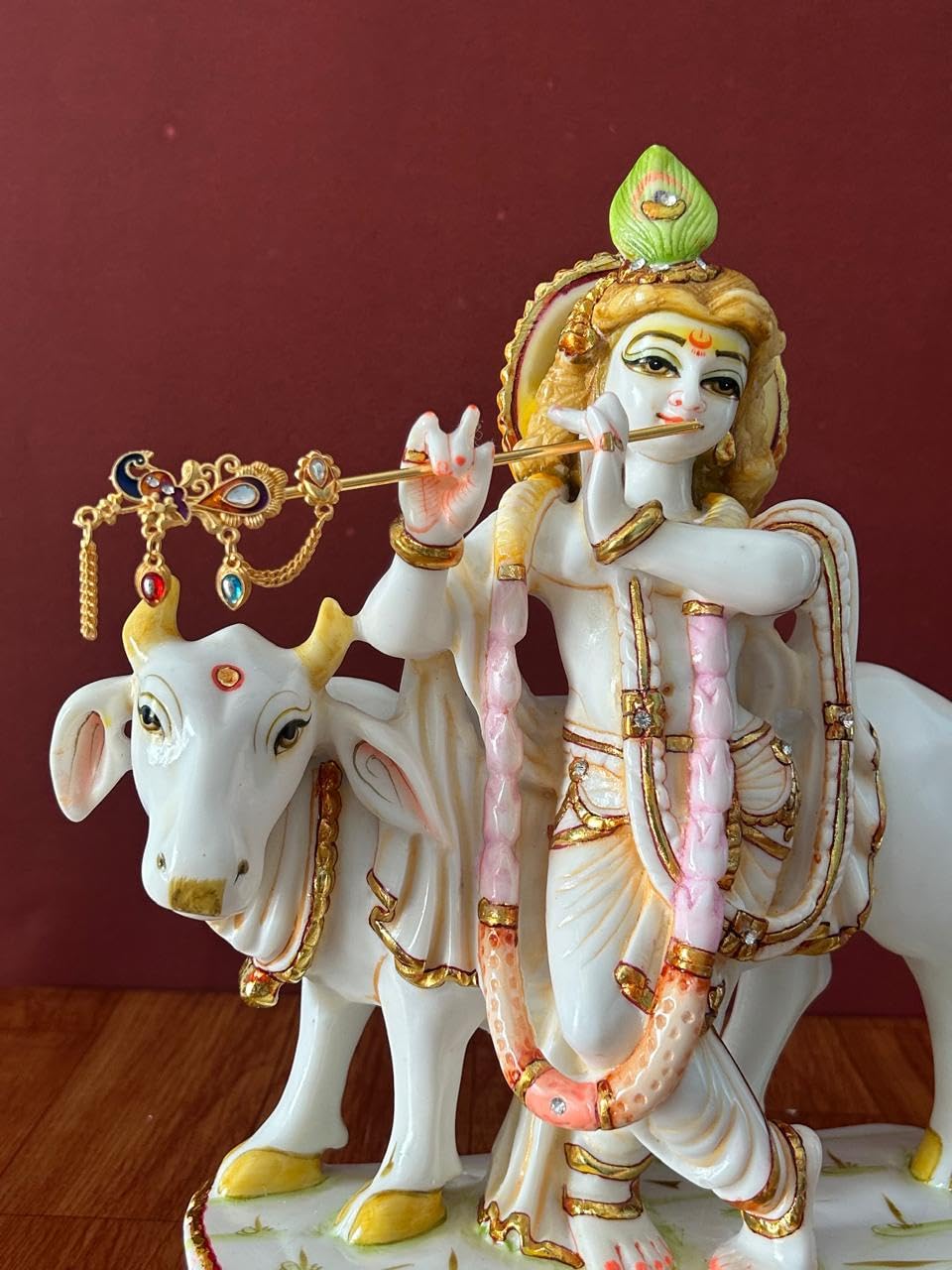 Hand Painted Marble Krishna with Cow Statue-ArtyCraftz.com