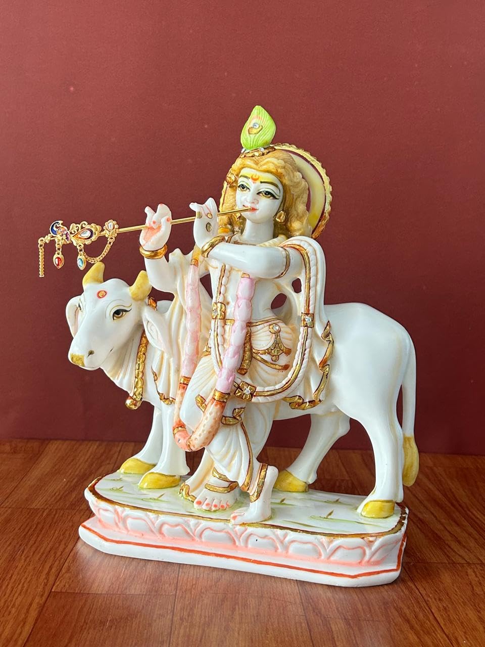 Hand Painted Marble Krishna with Cow Statue-ArtyCraftz.com