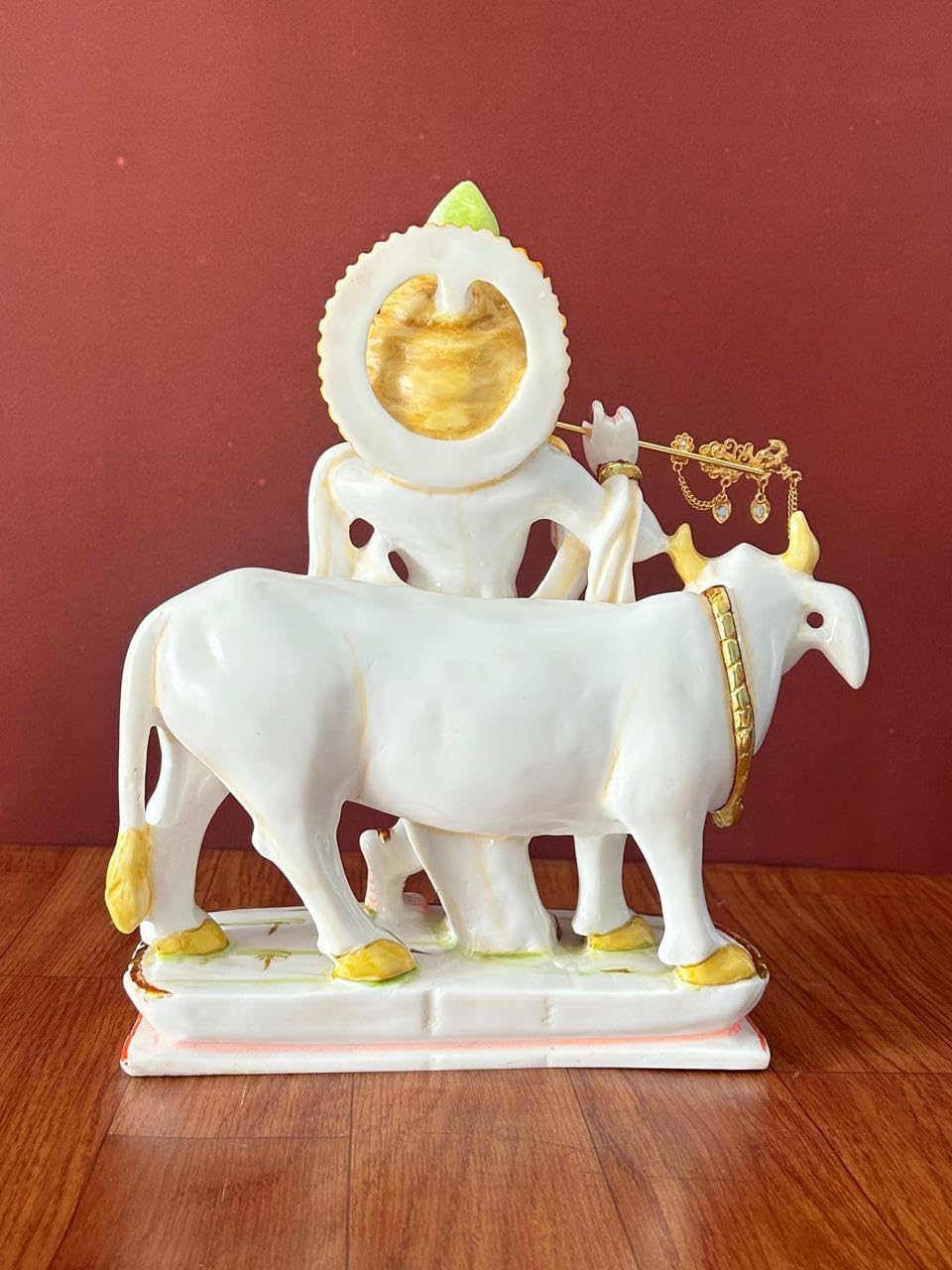 Hand Painted Marble Krishna with Cow Statue-ArtyCraftz.com