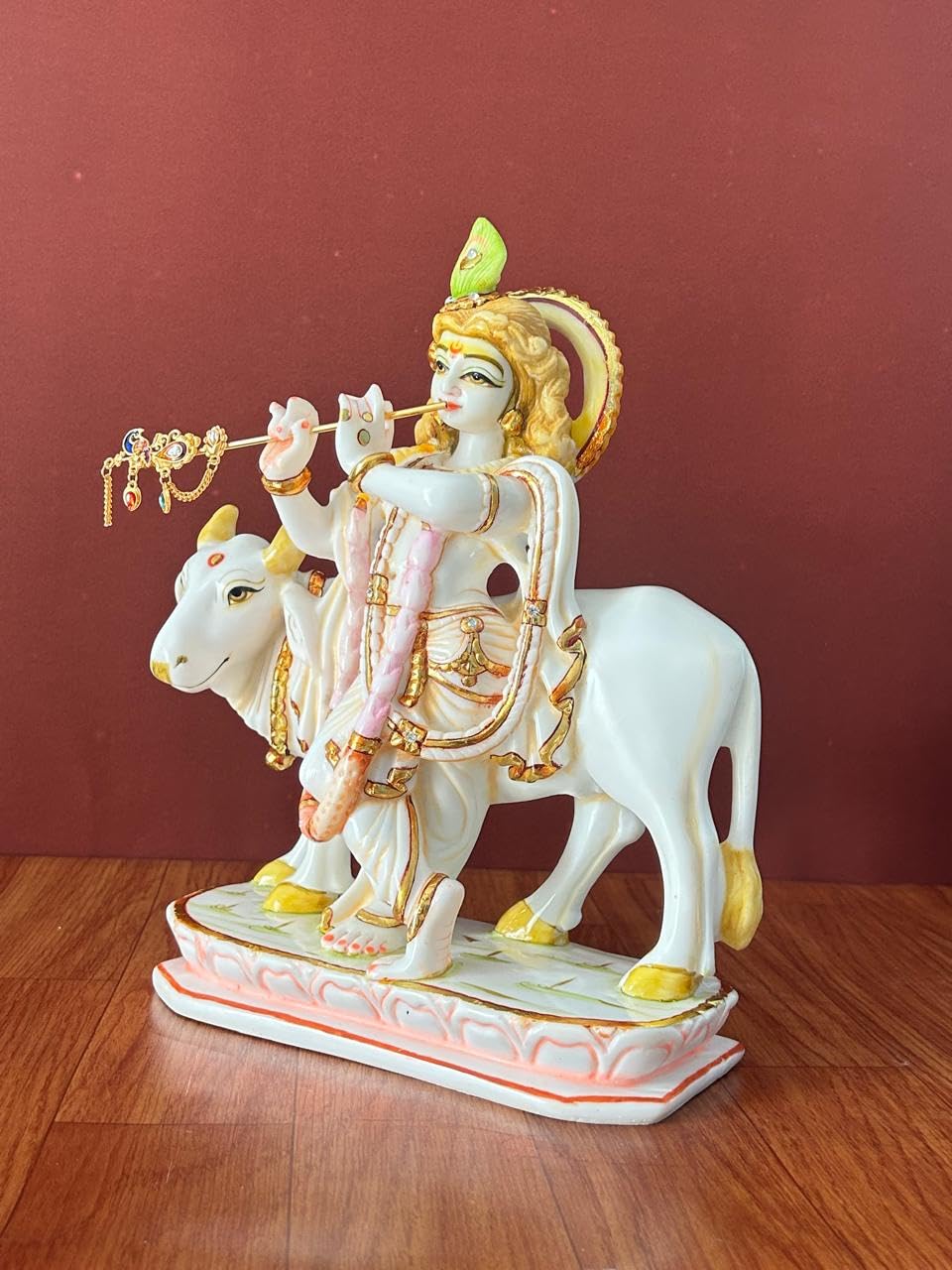 Hand Painted Marble Krishna with Cow Statue-ArtyCraftz.com