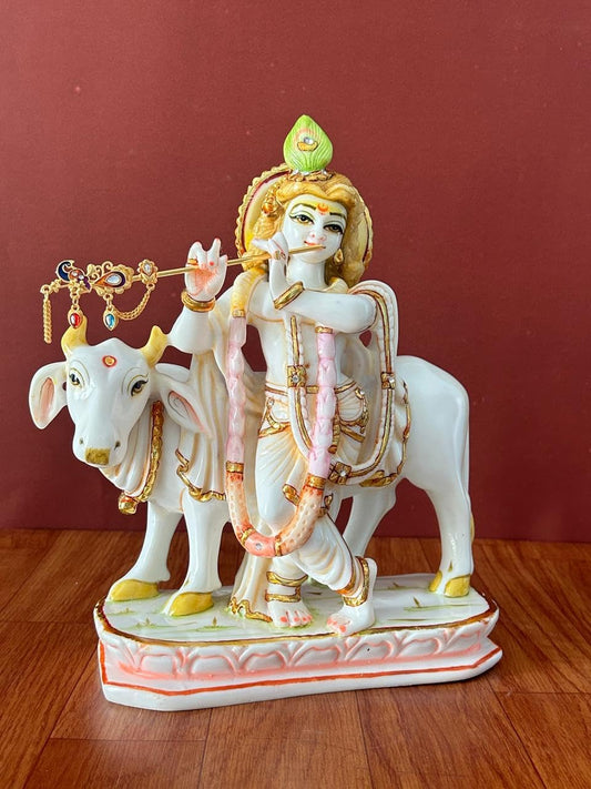 Hand Painted Marble Krishna with Cow Statue-ArtyCraftz.com