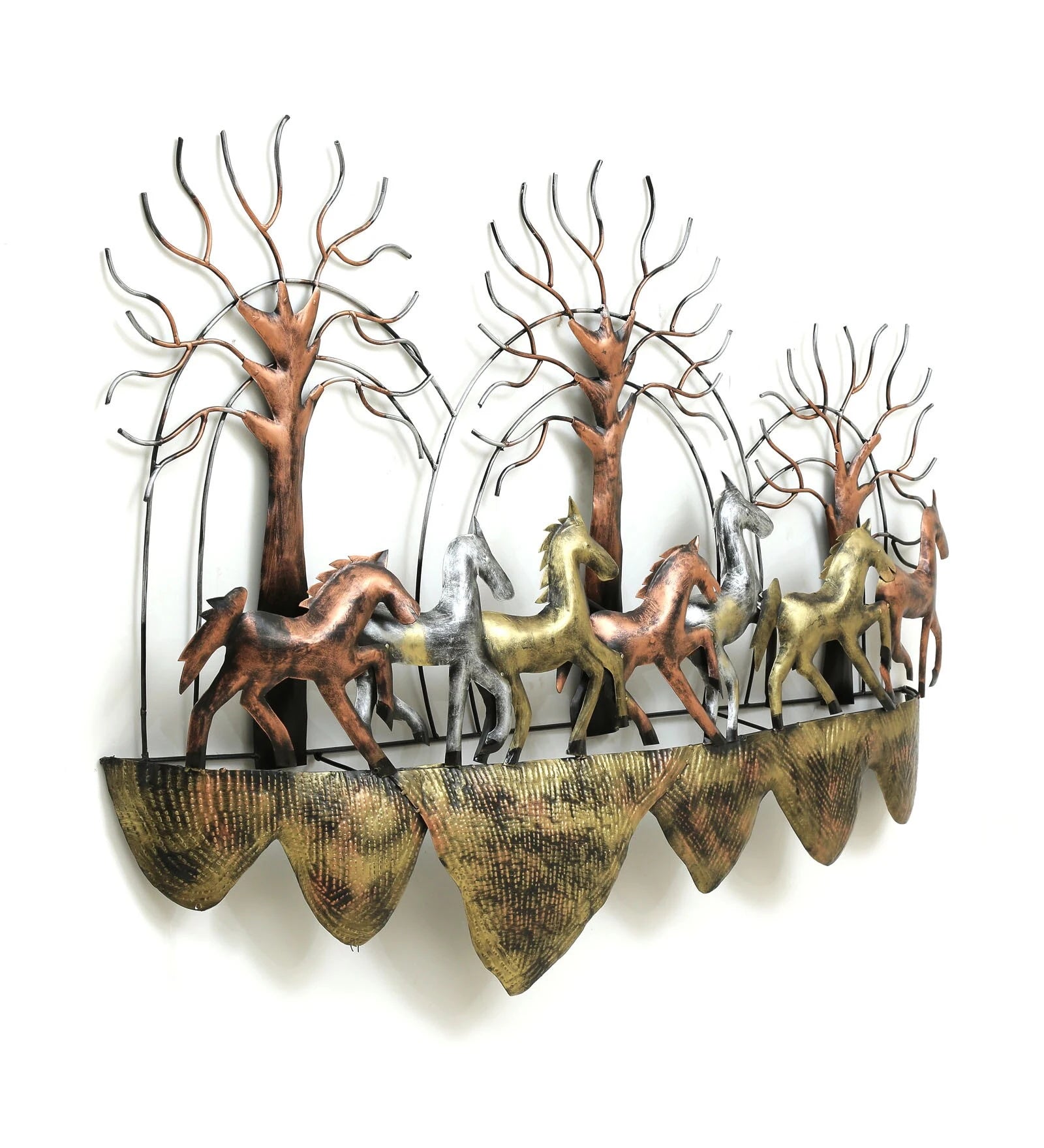 Handcrafted Running Horses Metal Wall Art with Tree Design-ArtyCraftz.com