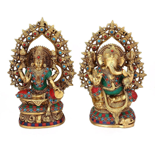Handcrafted 10.5-inch solid brass Lakshmi and Ganesha idol pair — turquoise and coral stone inlay on garments and prabhavali arch, antique gold finish — premium Diwali set — ArtyCraftz