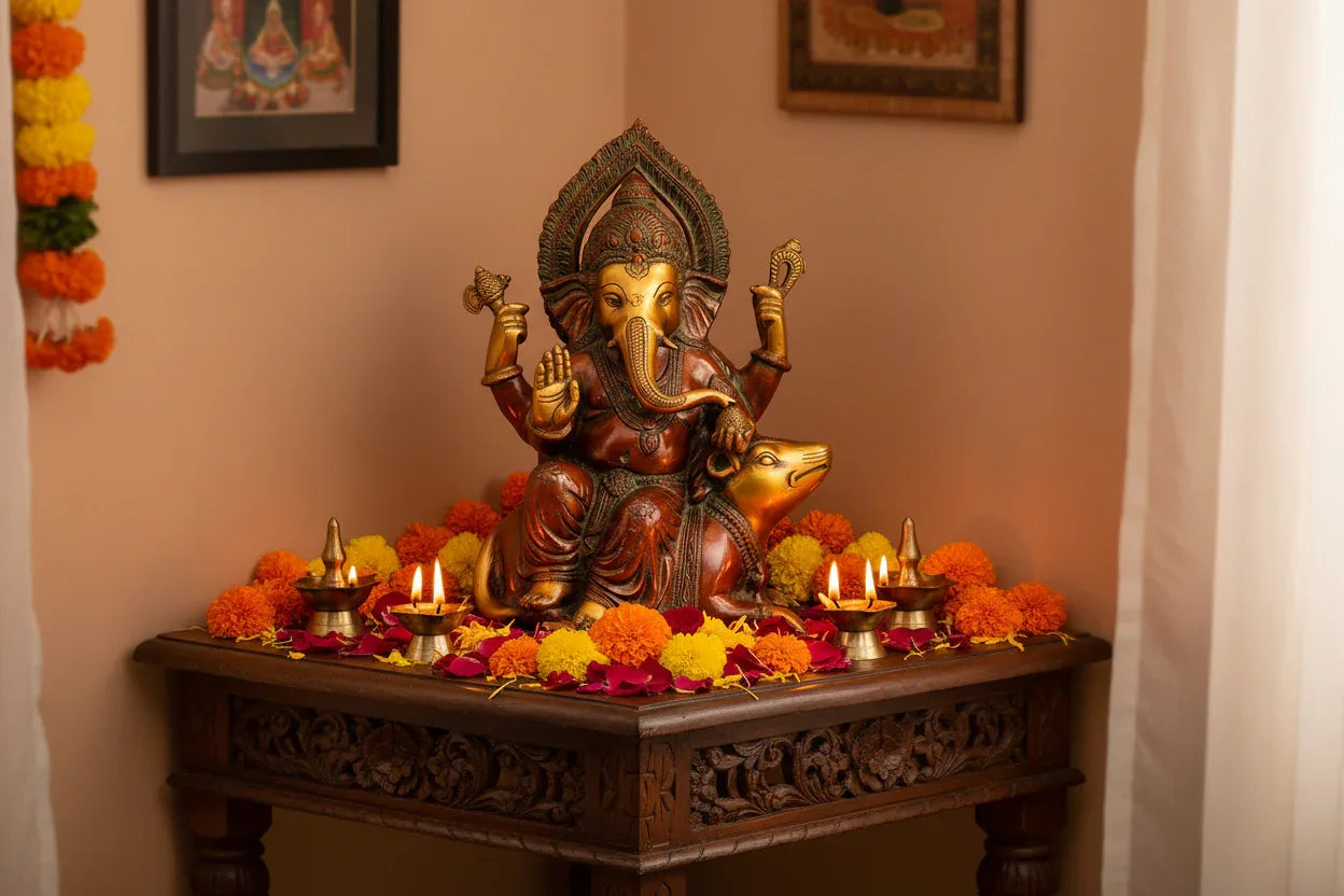 Handcrafted 12-inch solid brass Ganesha idol seated with Mooshika beside him — copper and green two-tone antique finish, ornate arch crown, four arms in blessing pose — ArtyCraftz