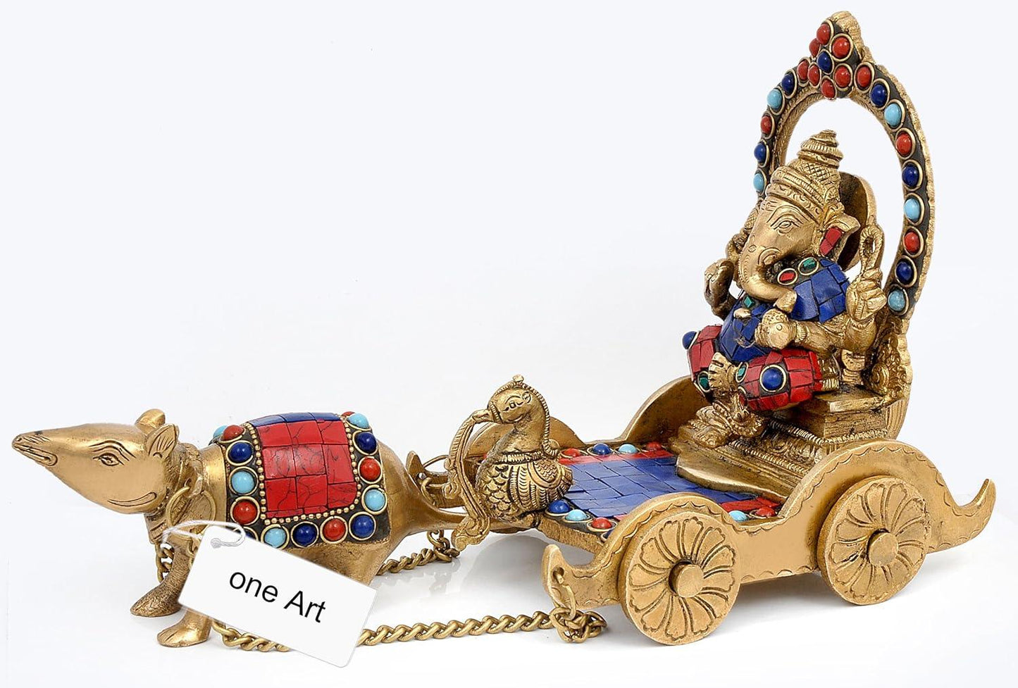 Handcrafted 12-inch solid brass Ganesha seated on stone-inlaid chariot pulled by his mouse Mooshika on brass chain — turquoise, coral and lapis stone inlay with prabhavali arch — ArtyCraftz