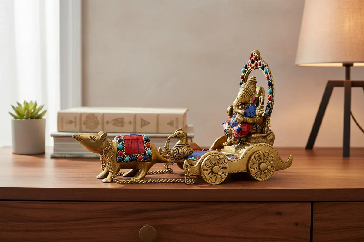 Handcrafted 12-inch solid brass Ganesha seated on stone-inlaid chariot pulled by his mouse Mooshika on brass chain — turquoise, coral and lapis stone inlay with prabhavali arch — ArtyCraftz