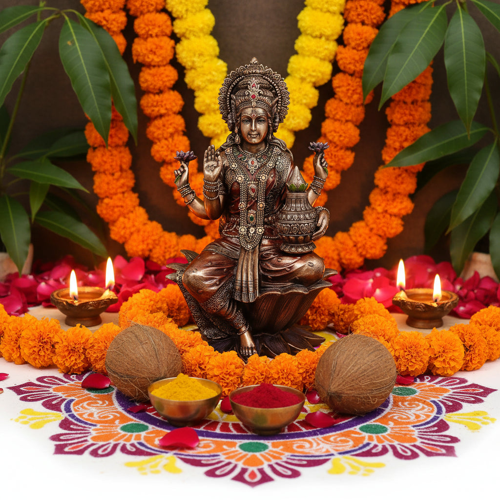 Handcrafted 12.5-inch resin bonded bronze Lakshmi idol — seated on lotus with Om-engraved palm, Kalasha, purple lotus blooms and gemstone-accented jewellery, dark antique bronze finish — ArtyCraftz