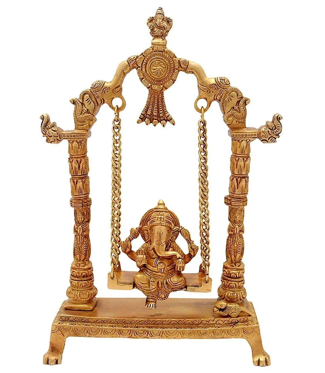 Handcrafted 12.5-inch solid brass Ganesha on swing Jhula idol — South Indian temple style with elephant pillar capitals, Ganesha arch finial, brass chain suspension, Mooshika at base — ArtyCraftz
