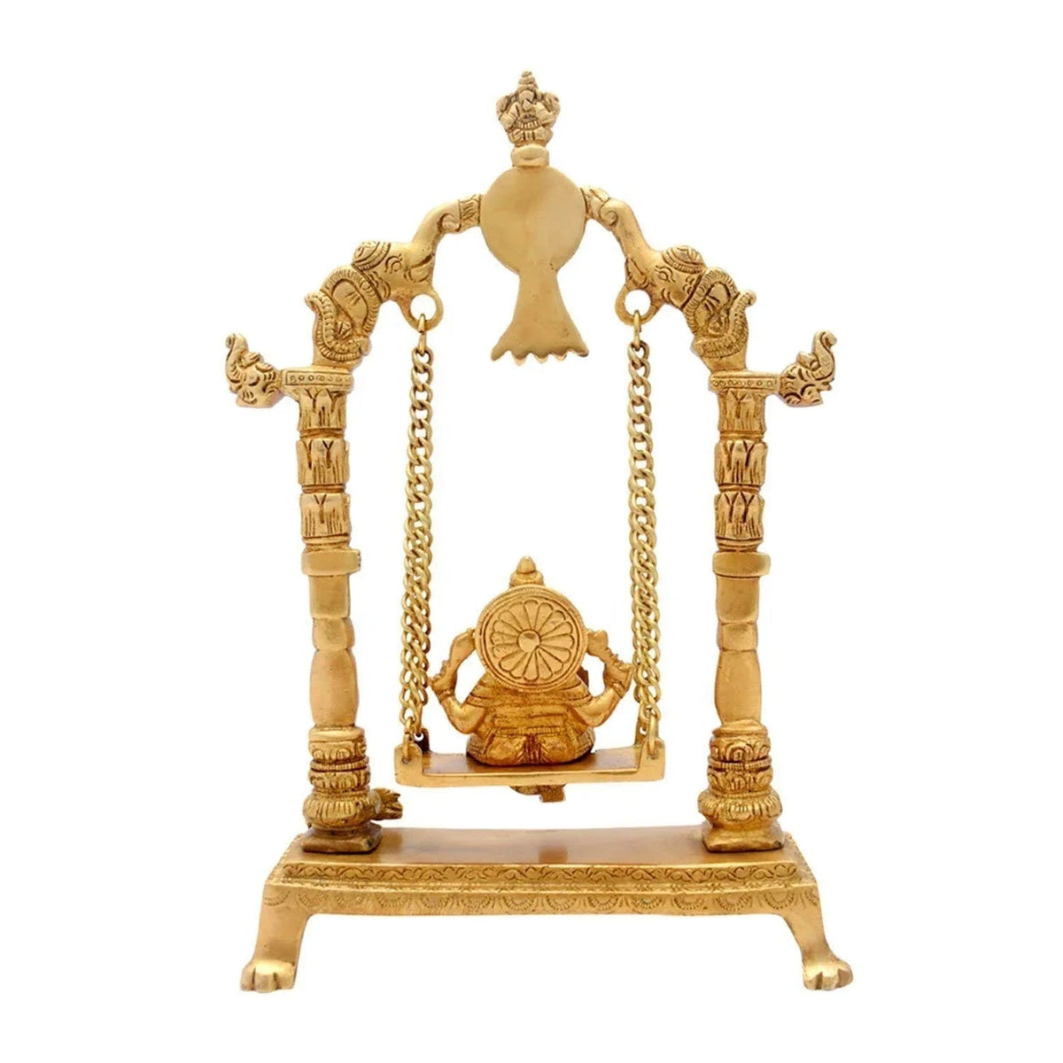 Handcrafted 12.5-inch solid brass Ganesha on swing Jhula idol — South Indian temple style with elephant pillar capitals, Ganesha arch finial, brass chain suspension, Mooshika at base — ArtyCraftz