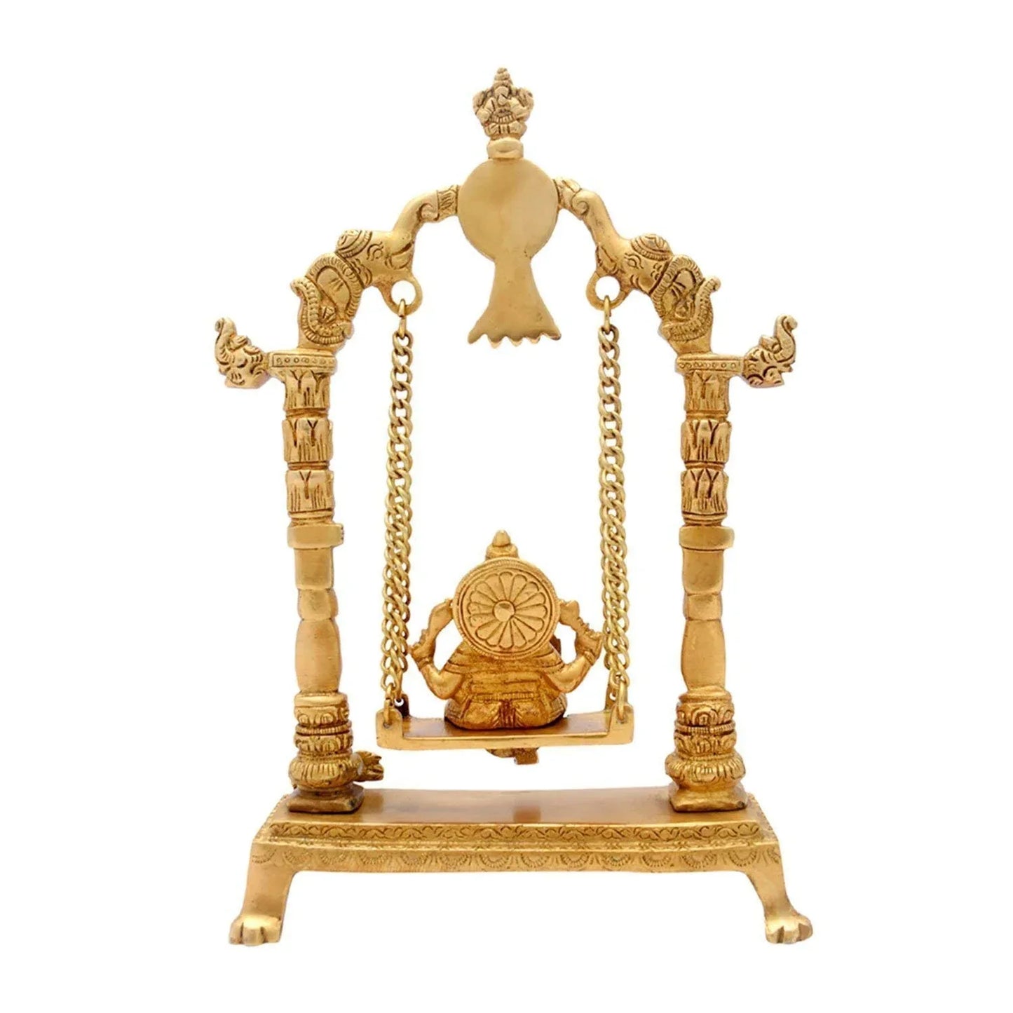Handcrafted 12.5-inch solid brass Ganesha on swing Jhula idol — South Indian temple style with elephant pillar capitals, Ganesha arch finial, brass chain suspension, Mooshika at base — ArtyCraftz