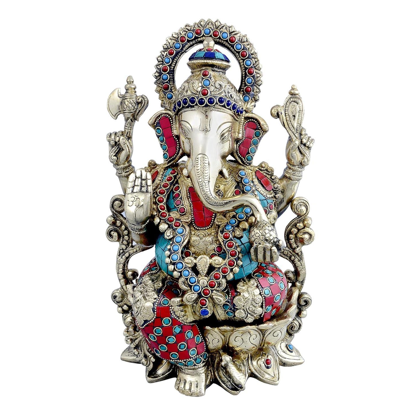 Handcrafted 13-inch white brass Ganesha idol with extensive turquoise and coral red stone inlay work, Om engraved palm, halo arch and lotus base Tibetan style — ArtyCraftz