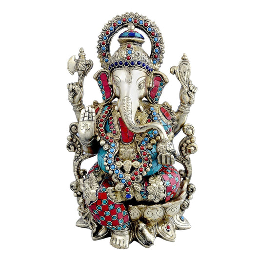 Handcrafted 13-inch white brass Ganesha idol with extensive turquoise and coral red stone inlay work, Om engraved palm, halo arch and lotus base Tibetan style — ArtyCraftz