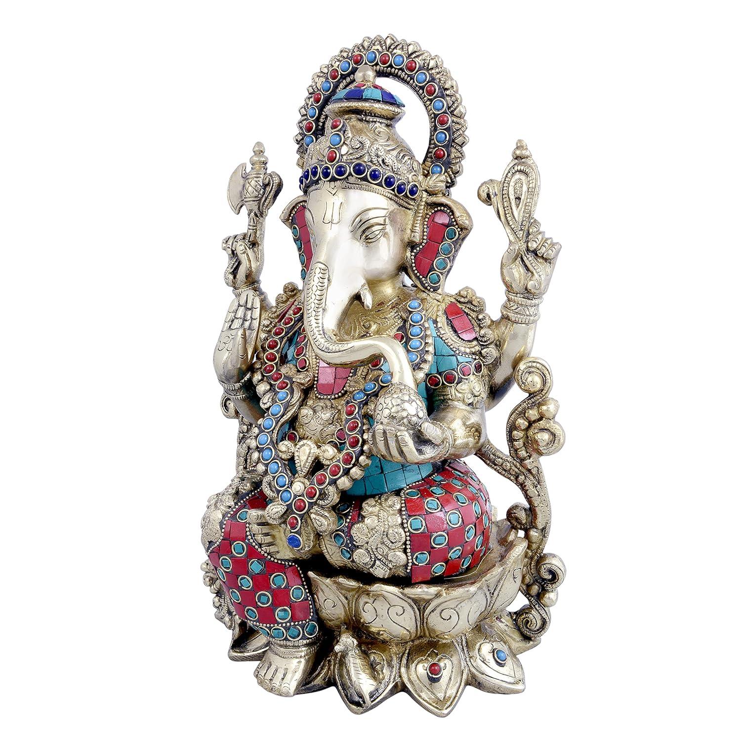 Handcrafted 13-inch white brass Ganesha idol with extensive turquoise and coral red stone inlay work, Om engraved palm, halo arch and lotus base — Tibetan style — ArtyCraftz