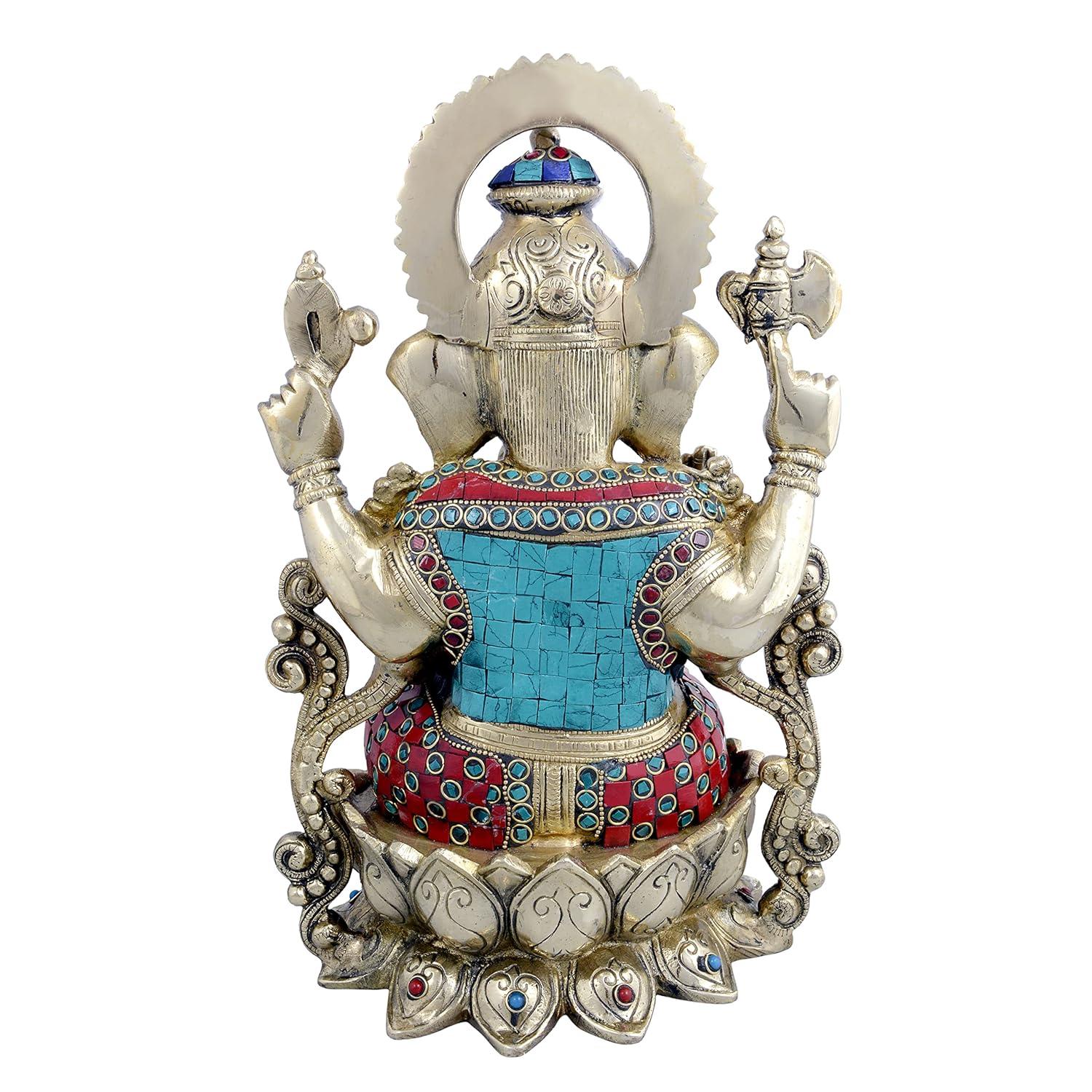 Handcrafted 13-inch white brass Ganesha idol with extensive turquoise and coral red stone inlay work, Om engraved palm, halo arch and lotus base — Tibetan style — ArtyCraftz