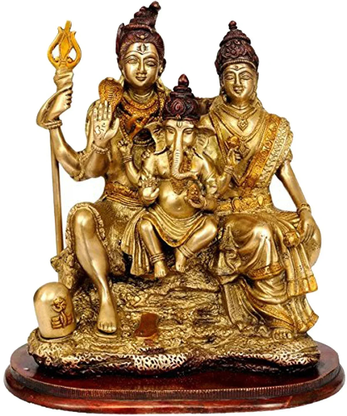 Handcrafted 13.5-inch brass Shiv Parivar idol depicting Lord Shiva, Goddess Parvati and Ganesha seated together on  base, two-tone antique gold finish -ArtyCraftz