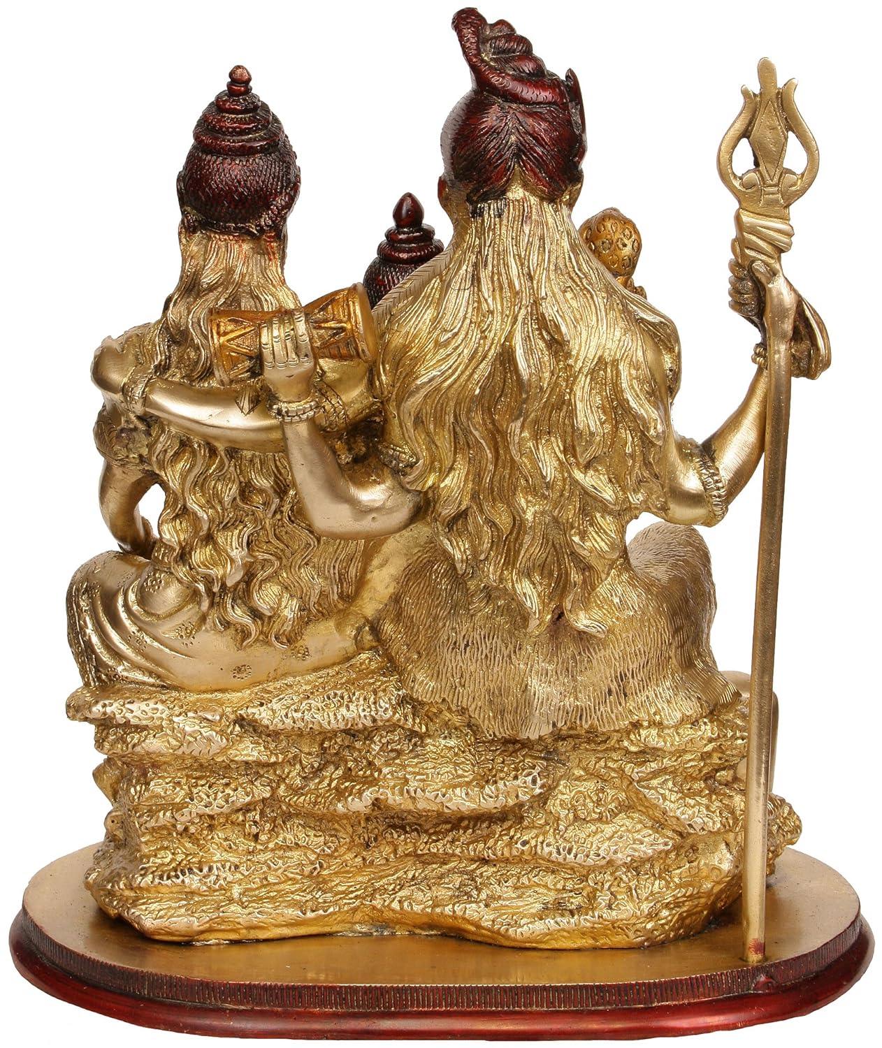 Handcrafted 13.5-inch brass Shiv Parivar idol depicting Lord Shiva, Goddess Parvati and Ganesha seated together on  base, two-tone antique gold finish -ArtyCraftz