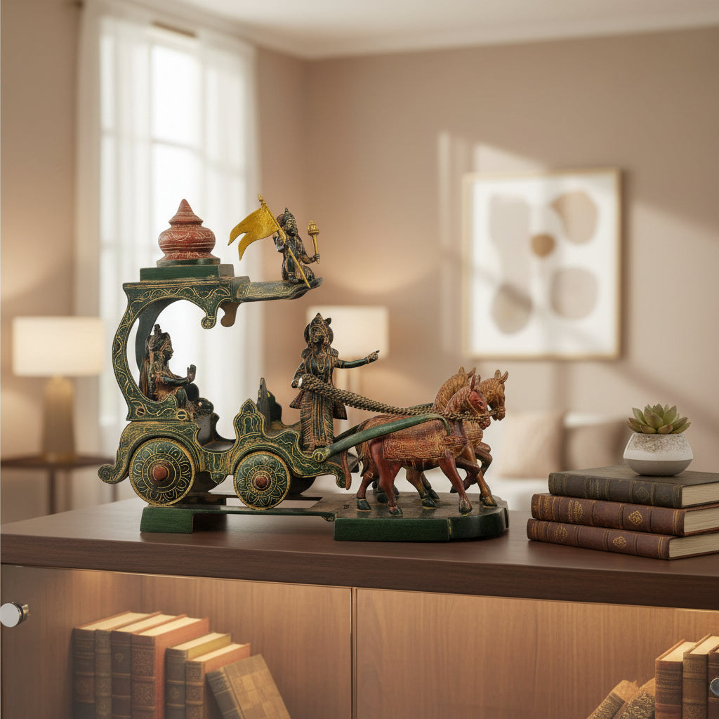 Handcrafted 14-inch multicolour brass Krishna Arjuna Kurukshetra chariot statue — standing Krishna with reins, seated Arjuna, four horses, Shikara tower and flag on stepped base — ArtyCraftz