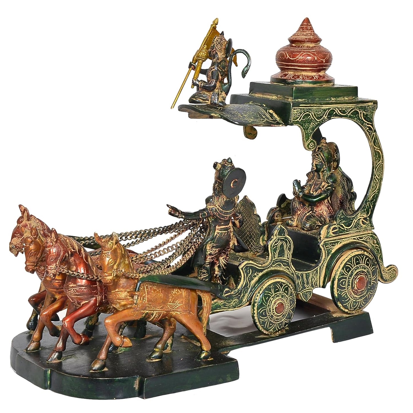 Handcrafted 14-inch multicolour brass Krishna Arjuna Kurukshetra chariot statue — standing Krishna with reins, seated Arjuna, four horses, Shikara tower and flag on stepped base — ArtyCraftz