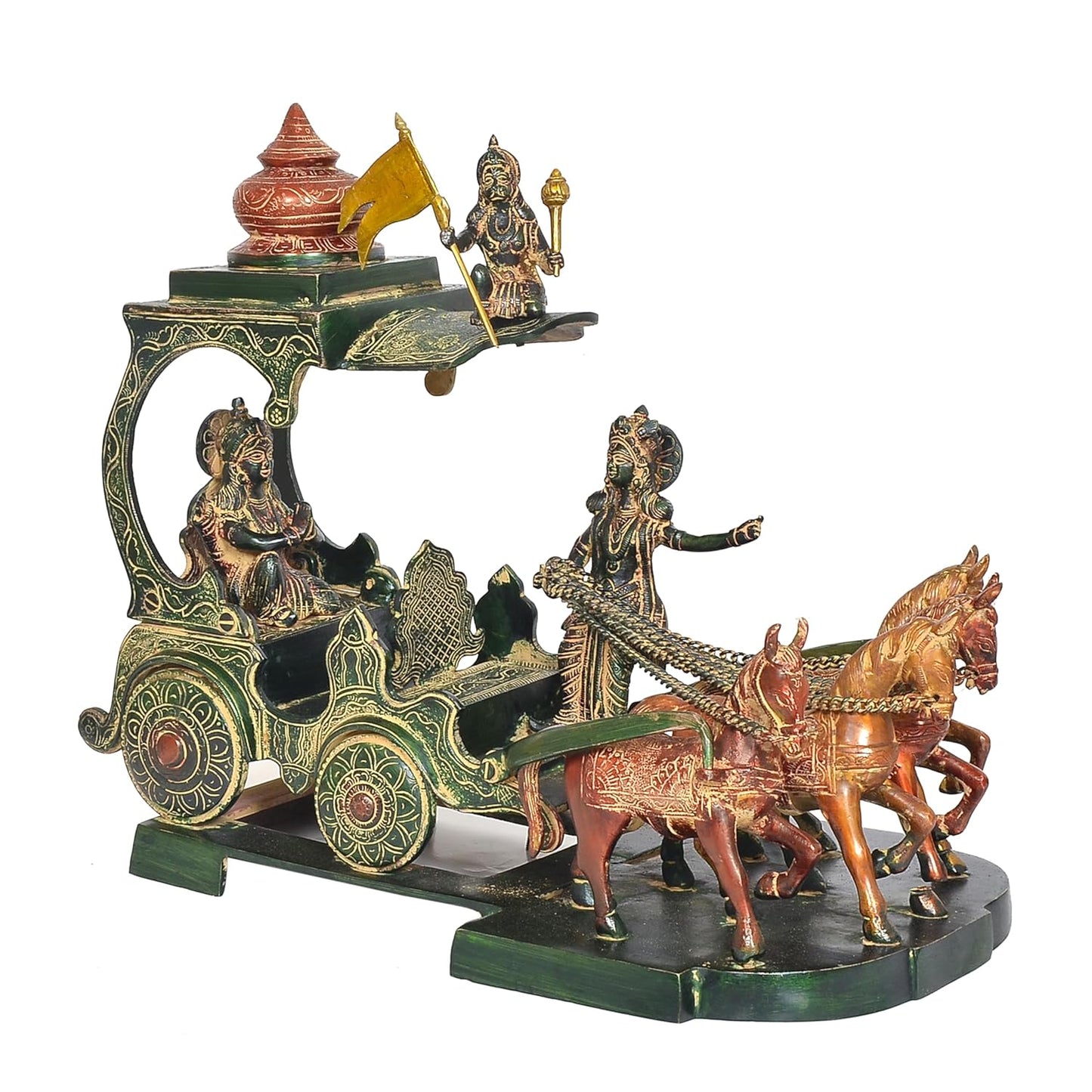 Handcrafted 14-inch multicolour brass Krishna Arjuna Kurukshetra chariot statue — standing Krishna with reins, seated Arjuna, four horses, Shikara tower and flag on stepped base — ArtyCraftz