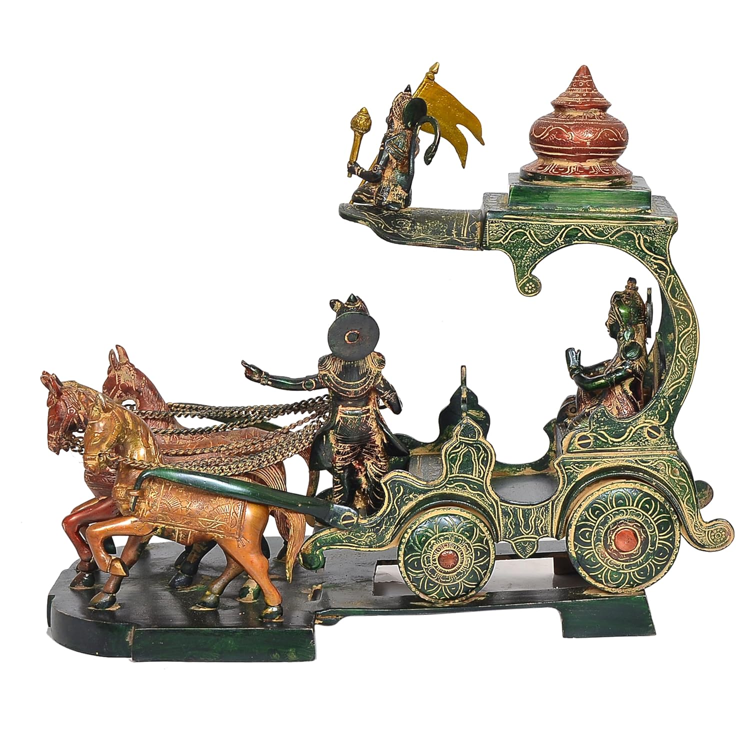 Handcrafted 14-inch multicolour brass Krishna Arjuna Kurukshetra chariot statue — standing Krishna with reins, seated Arjuna, four horses, Shikara tower and flag on stepped base — ArtyCraftz