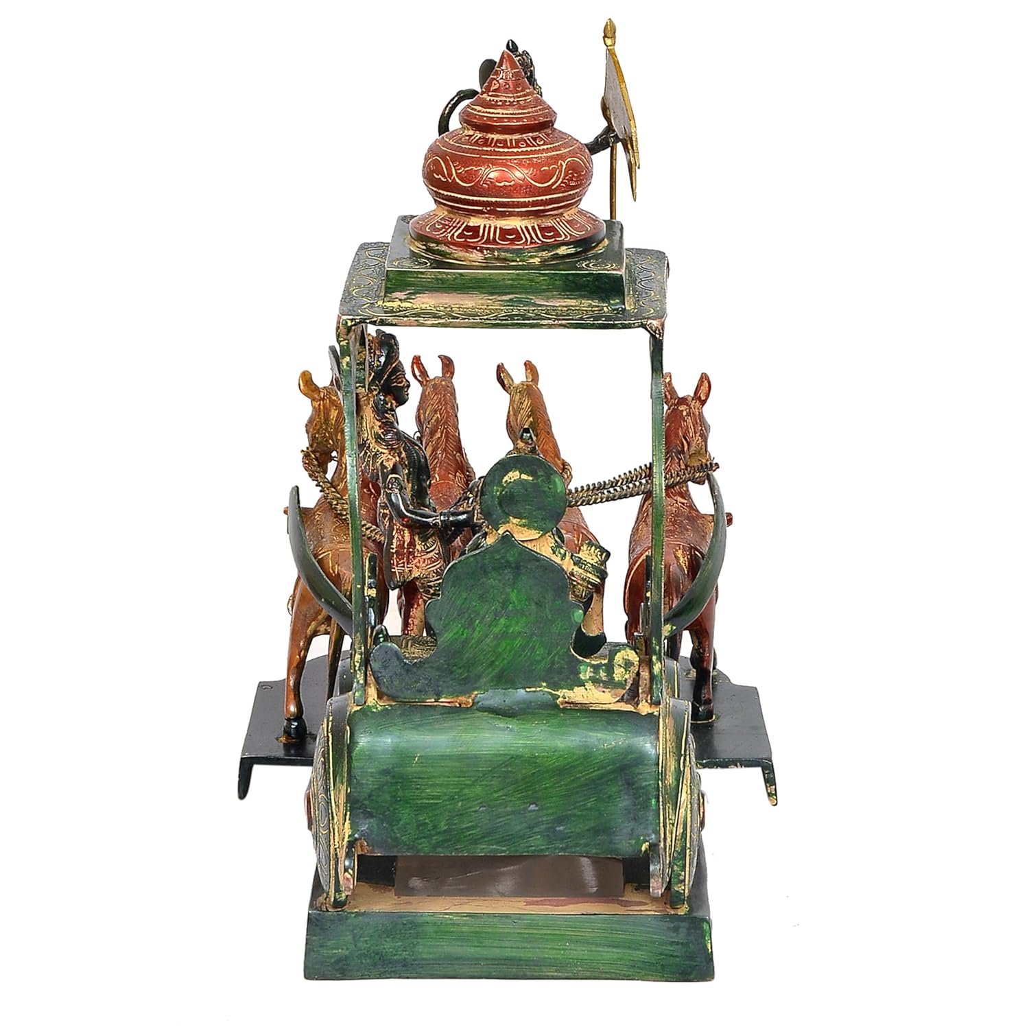 Handcrafted 14-inch multicolour brass Krishna Arjuna Kurukshetra chariot statue — standing Krishna with reins, seated Arjuna, four horses, Shikara tower and flag on stepped base — ArtyCraftz