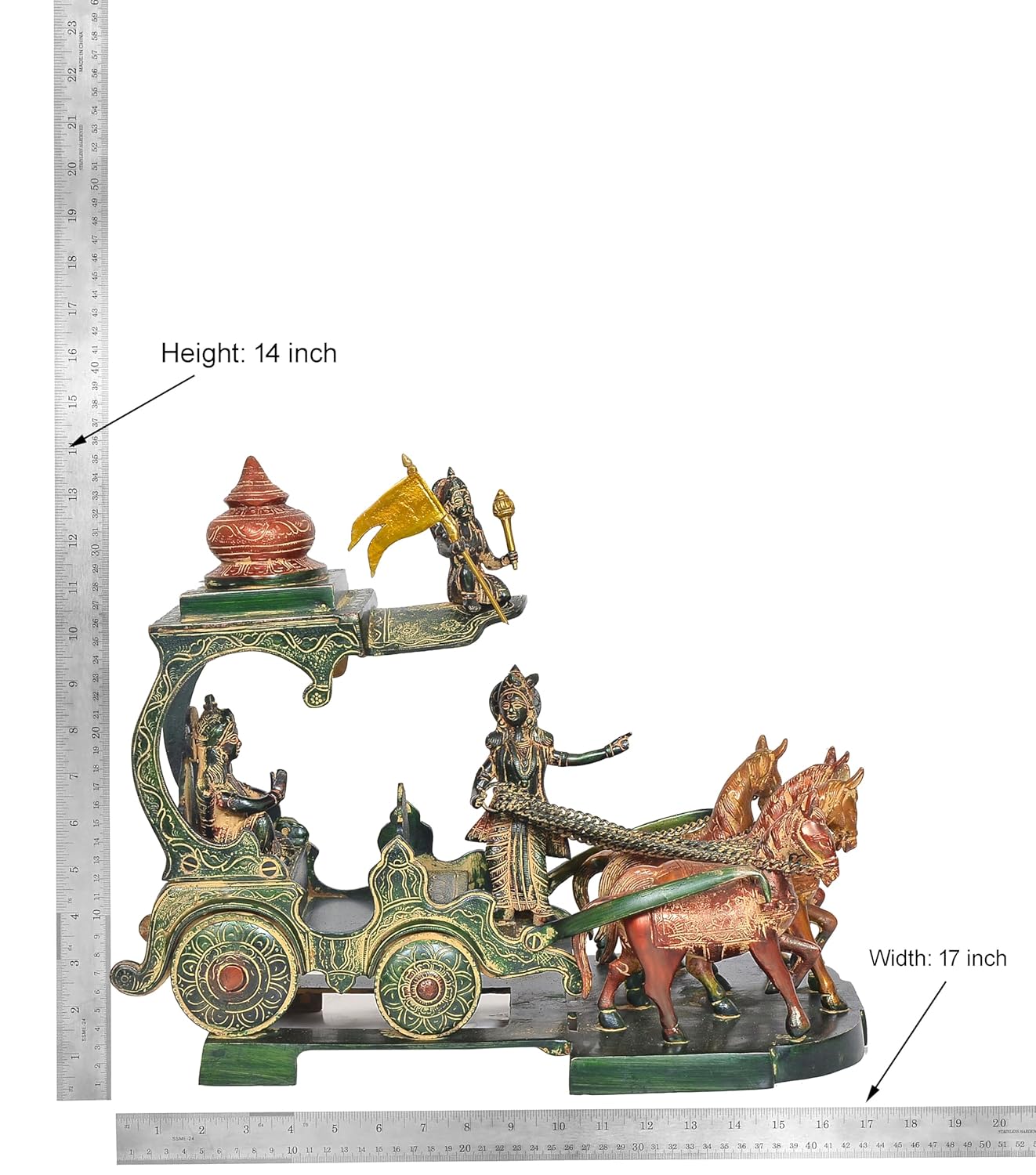 Handcrafted 14-inch multicolour brass Krishna Arjuna Kurukshetra chariot statue — standing Krishna with reins, seated Arjuna, four horses, Shikara tower and flag on stepped base — ArtyCraftz