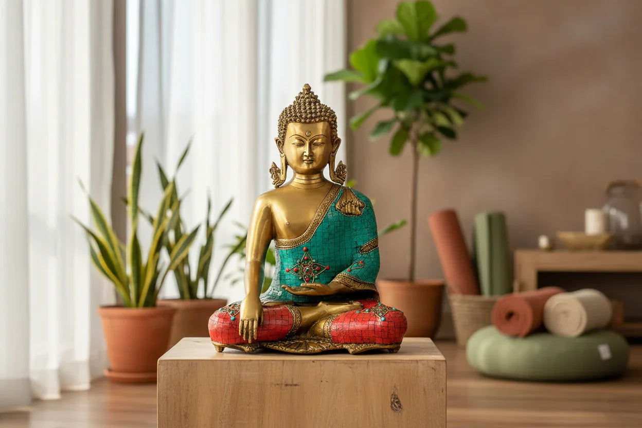 Handcrafted 15-inch solid brass Buddha idol in Bhumisparsha Mudra — gold face and body with turquoise mosaic and coral stone inlay robe, lotus base — ArtyCraftz