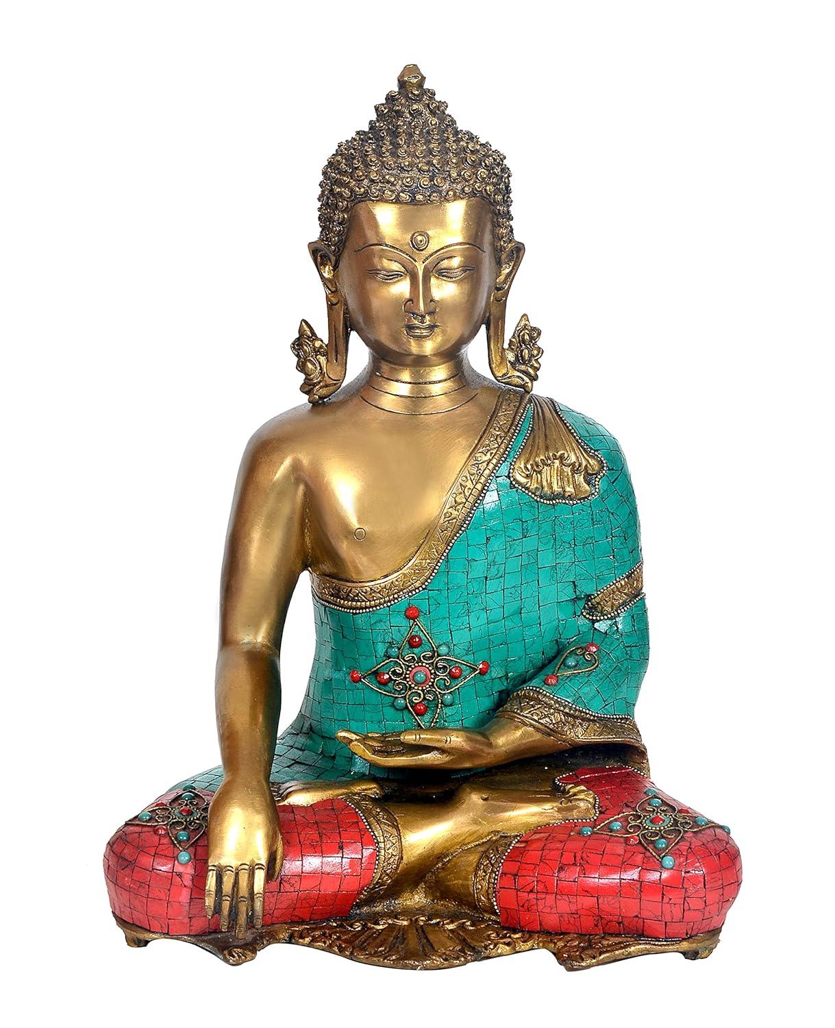 Handcrafted 15-inch solid brass Buddha idol in Bhumisparsha Mudra — gold face and body with turquoise mosaic and coral stone inlay robe, lotus base — ArtyCraftz