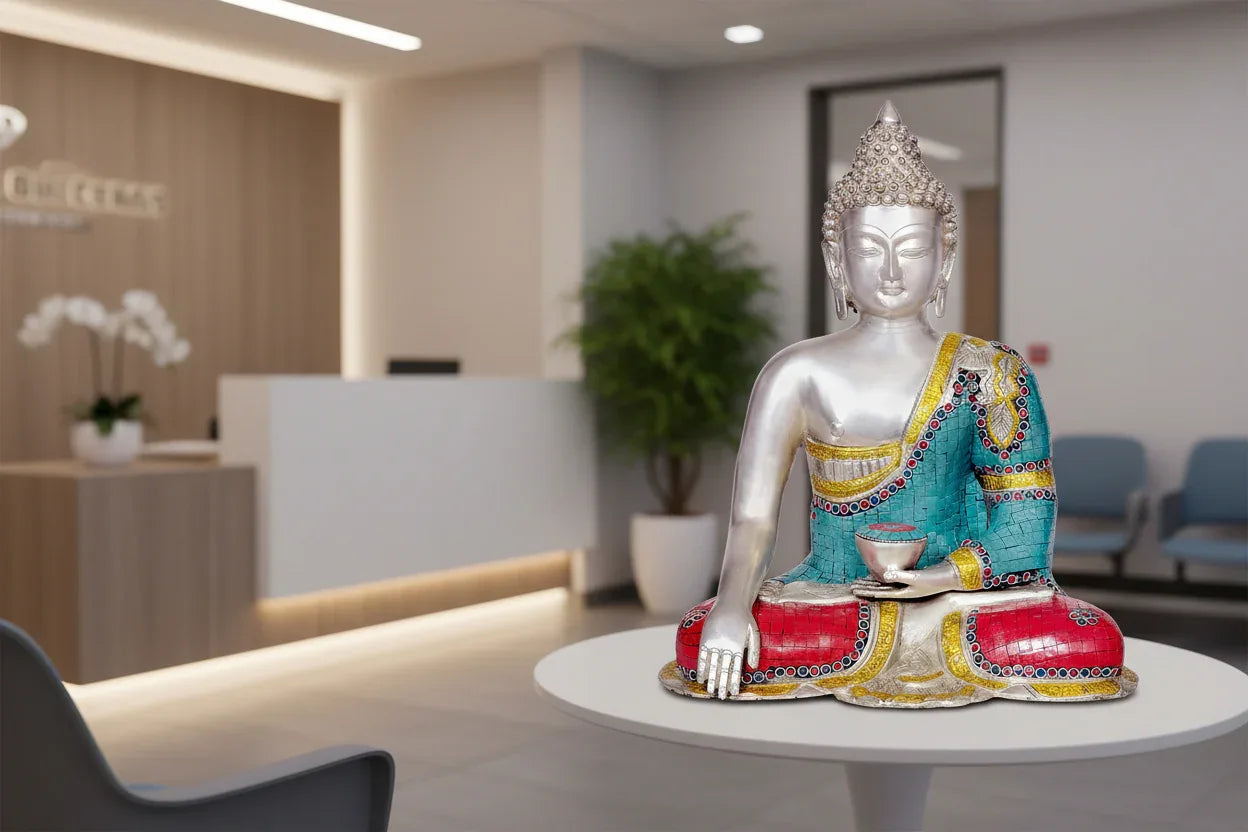 Handcrafted 15-inch solid brass Buddha idol in Bhumisparsha Mudra — silver-tone face and body with turquoise mosaic, coral and lapis stone inlay robe and medicine bowl — ArtyCraftz