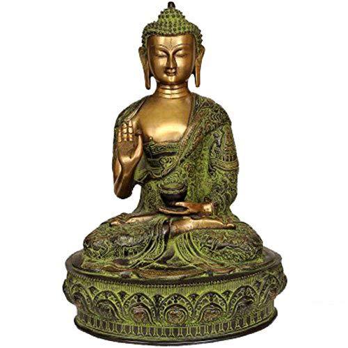 Handcrafted 15-inch solid brass Buddha idol seated in Abhaya Mudra with Tibetan green-gold oxidised finish, engraved robe with narrative scenes, and lotus base -ArtyCraftz