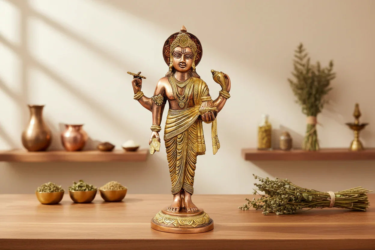 Handcrafted 15-inch solid brass Dhanvantari idol — God of Ayurveda standing with healing herb and Amrita Kalasha, copper and gold two-tone finish on lotus base — ArtyCraftz