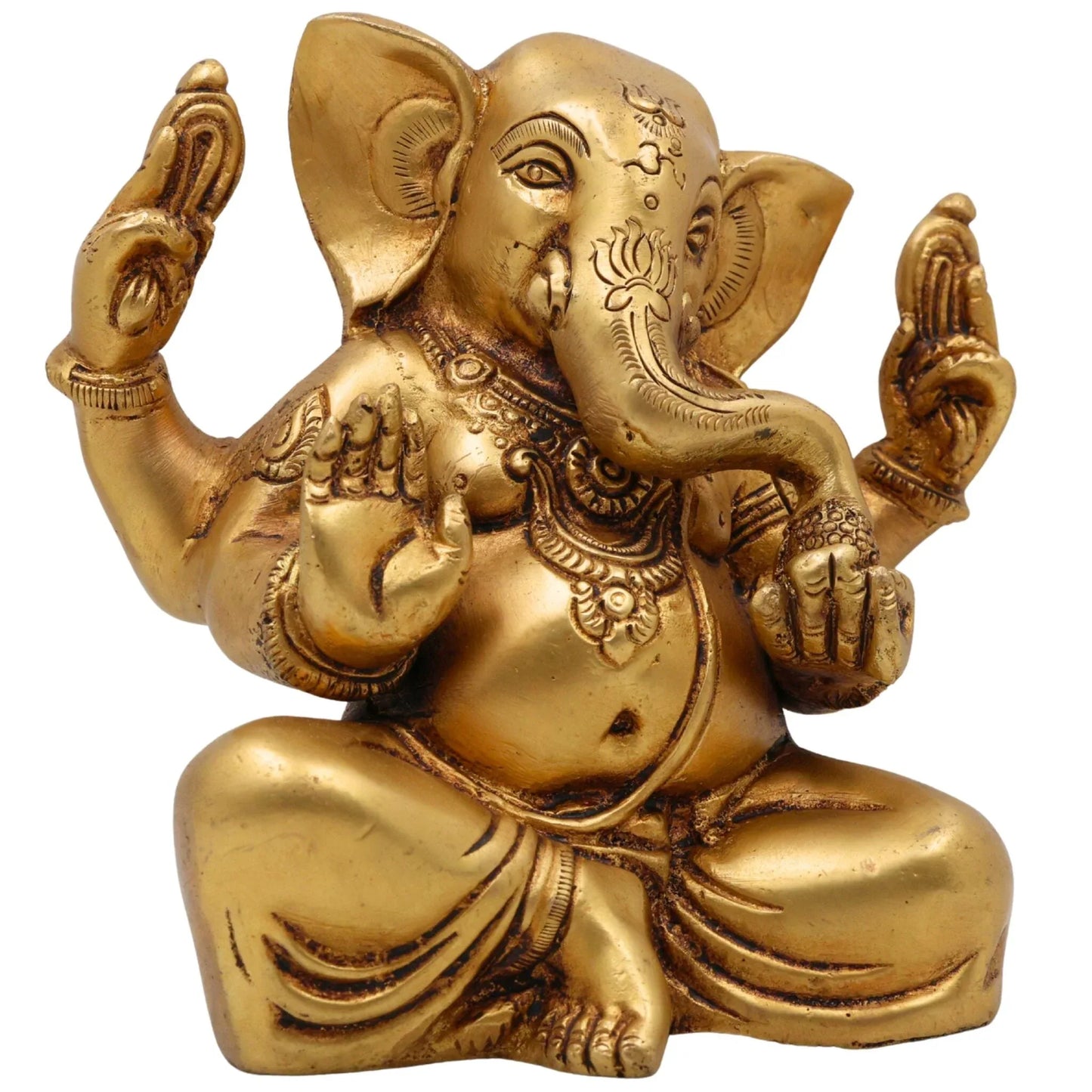 Handcrafted 16 cm solid brass Ganesha idol seated in Sukhasana with Om and lotus engraved on forehead, four arms in blessing pose, antique gold finish — ArtyCraftz