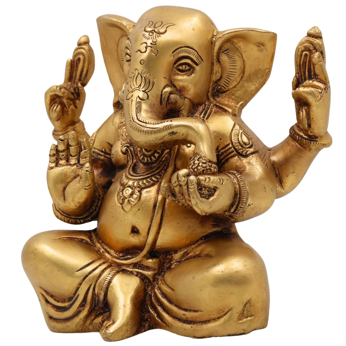 Handcrafted 16 cm solid brass Ganesha idol seated in Sukhasana with Om and lotus engraved on forehead, four arms in blessing pose, antique gold finish -ArtyCraftz