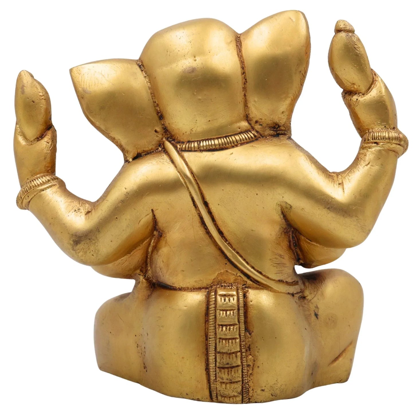 Handcrafted 16 cm solid brass Ganesha idol seated in Sukhasana with Om and lotus engraved on forehead, four arms in blessing pose, antique gold finish — ArtyCraftz