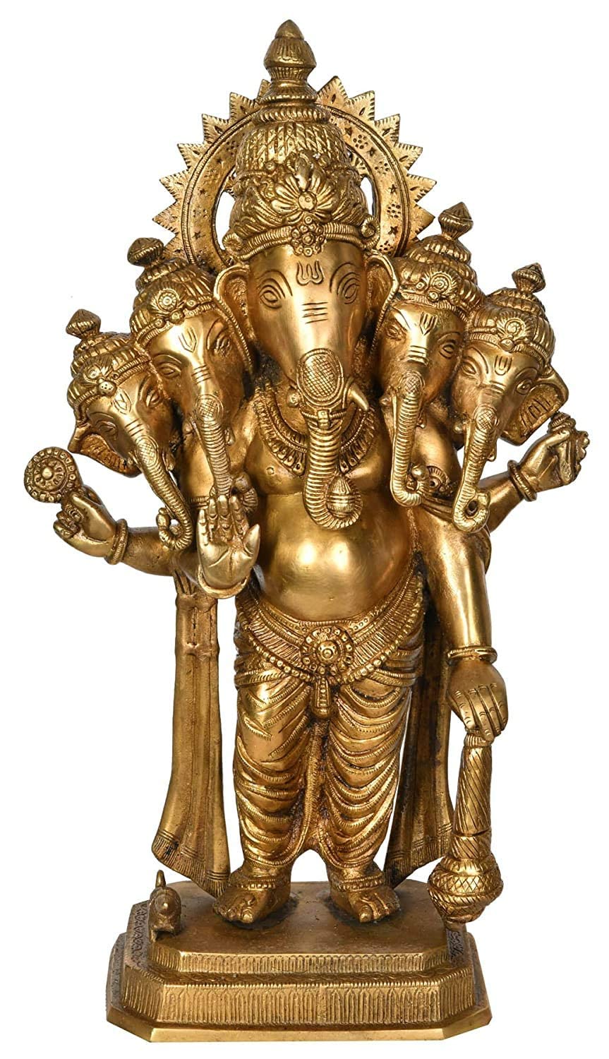 Handcrafted 17-inch solid brass Panchmukhi Ganesha idol — rare five-faced standing Ganpati with sun-ray halo, multiple arms and Mooshika on octagonal base — ArtyCraftz